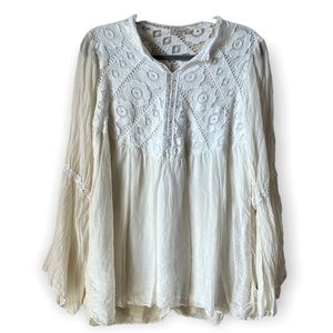 Bellambra White Crochet Bell Sleeve Bohemian Silk Blouse